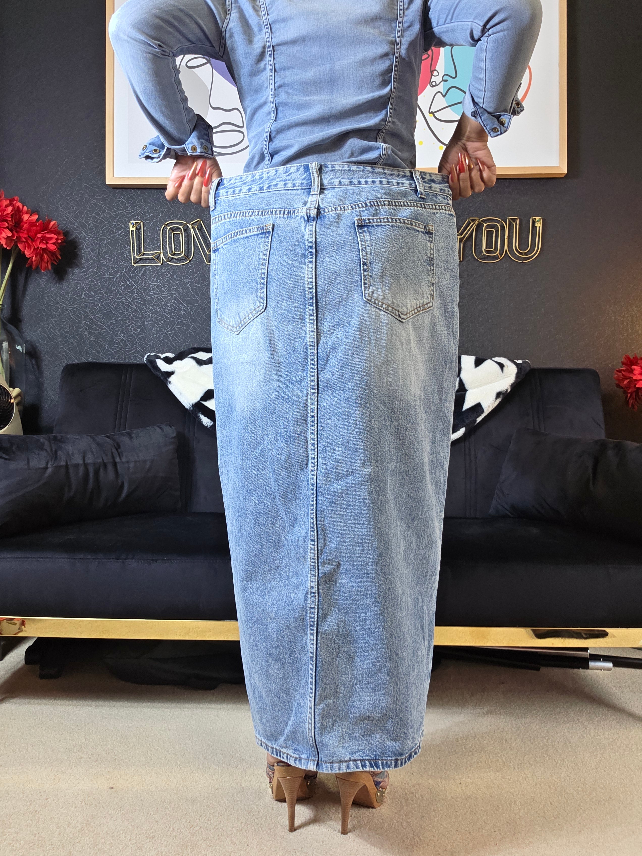 Denim Maxi Skirt High Split Size Large