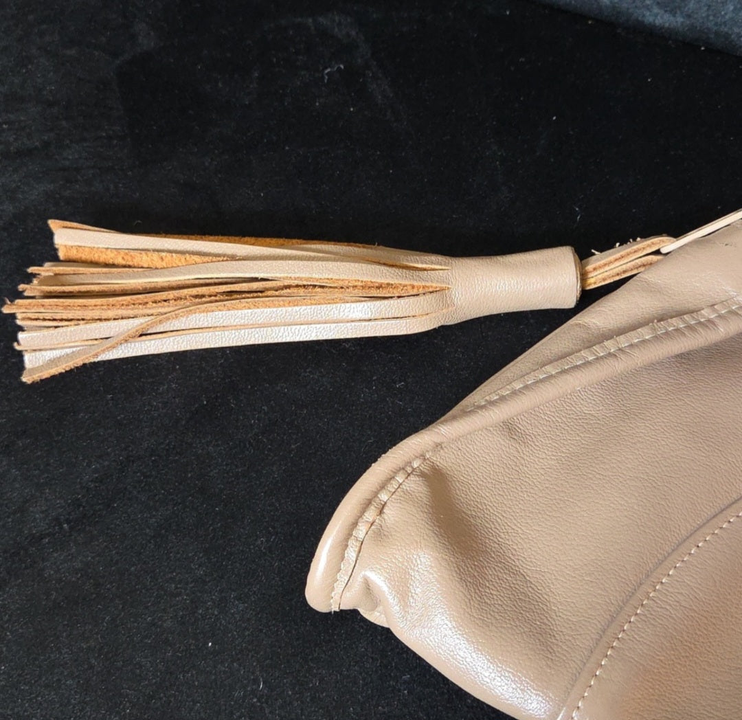 Large Leather Tan Clutch with Tassel