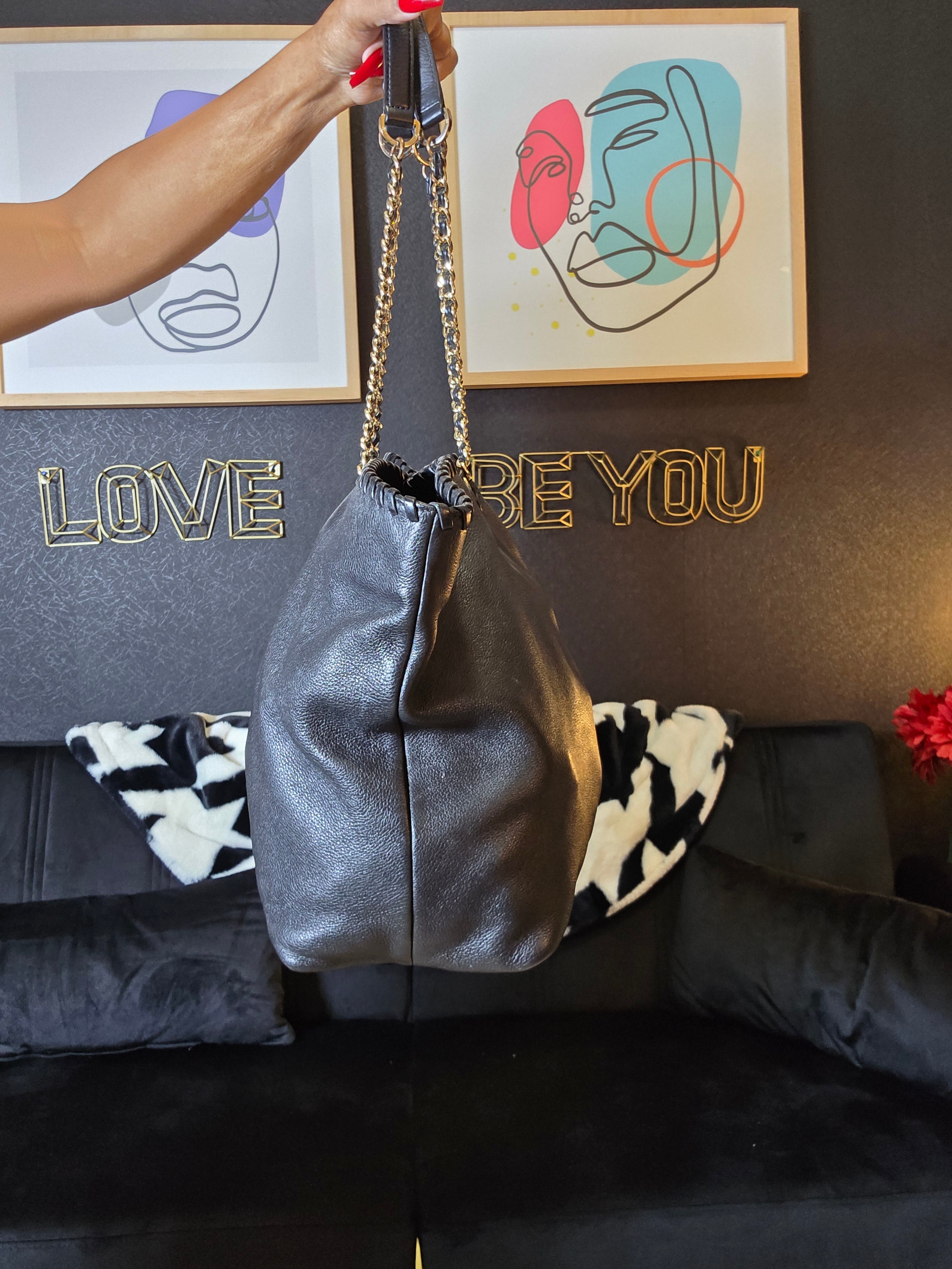 Tory Burch Black Leather Whipstich Marion Tote