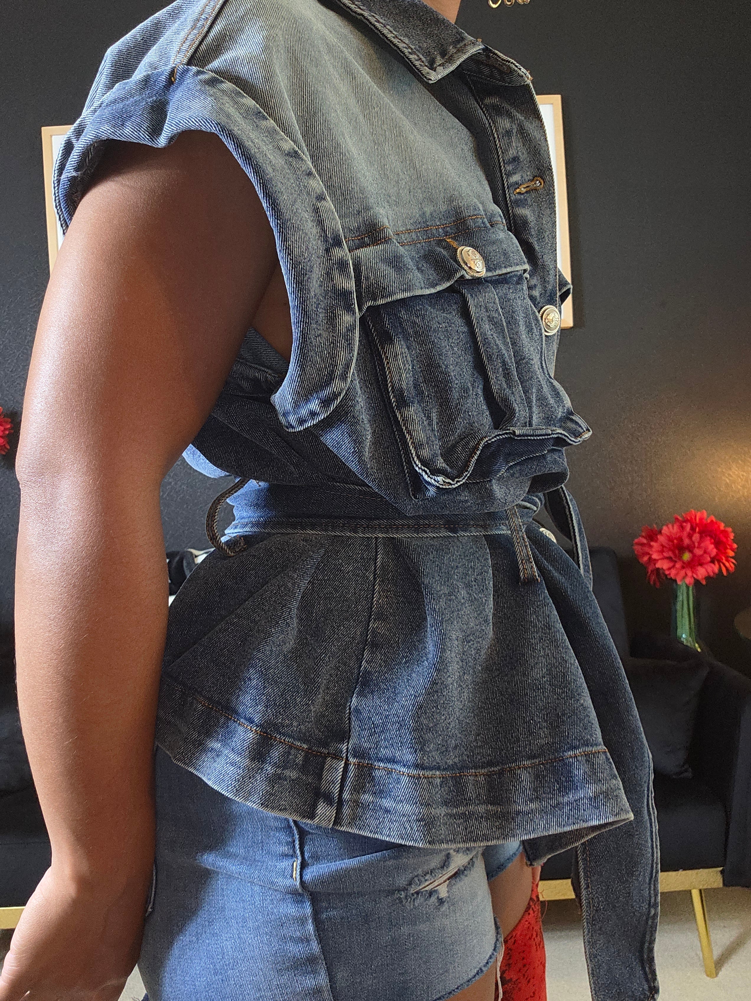 Belted Denim Vest Jacket Sz Large