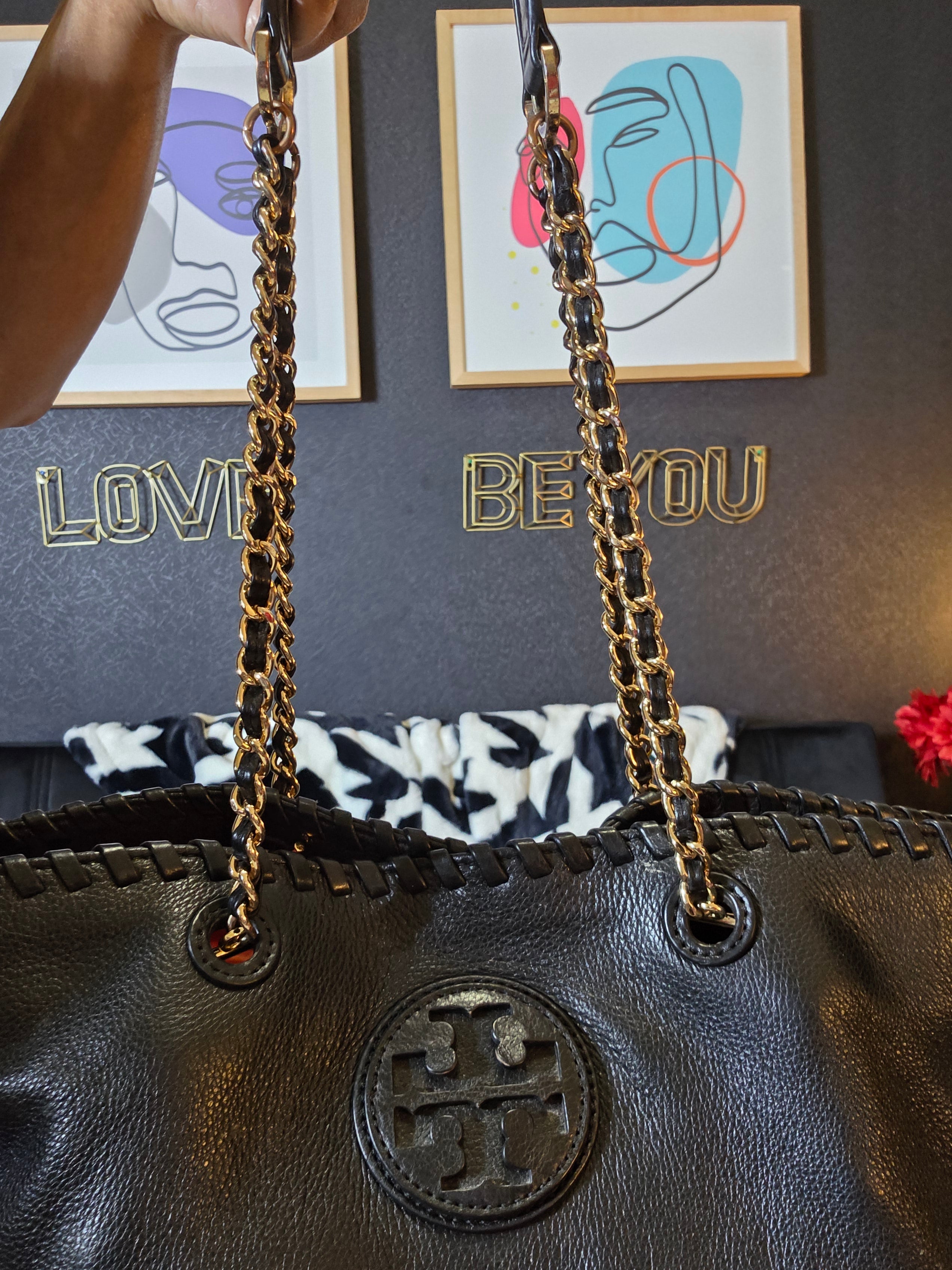 Tory Burch Black Leather Whipstich Marion Tote