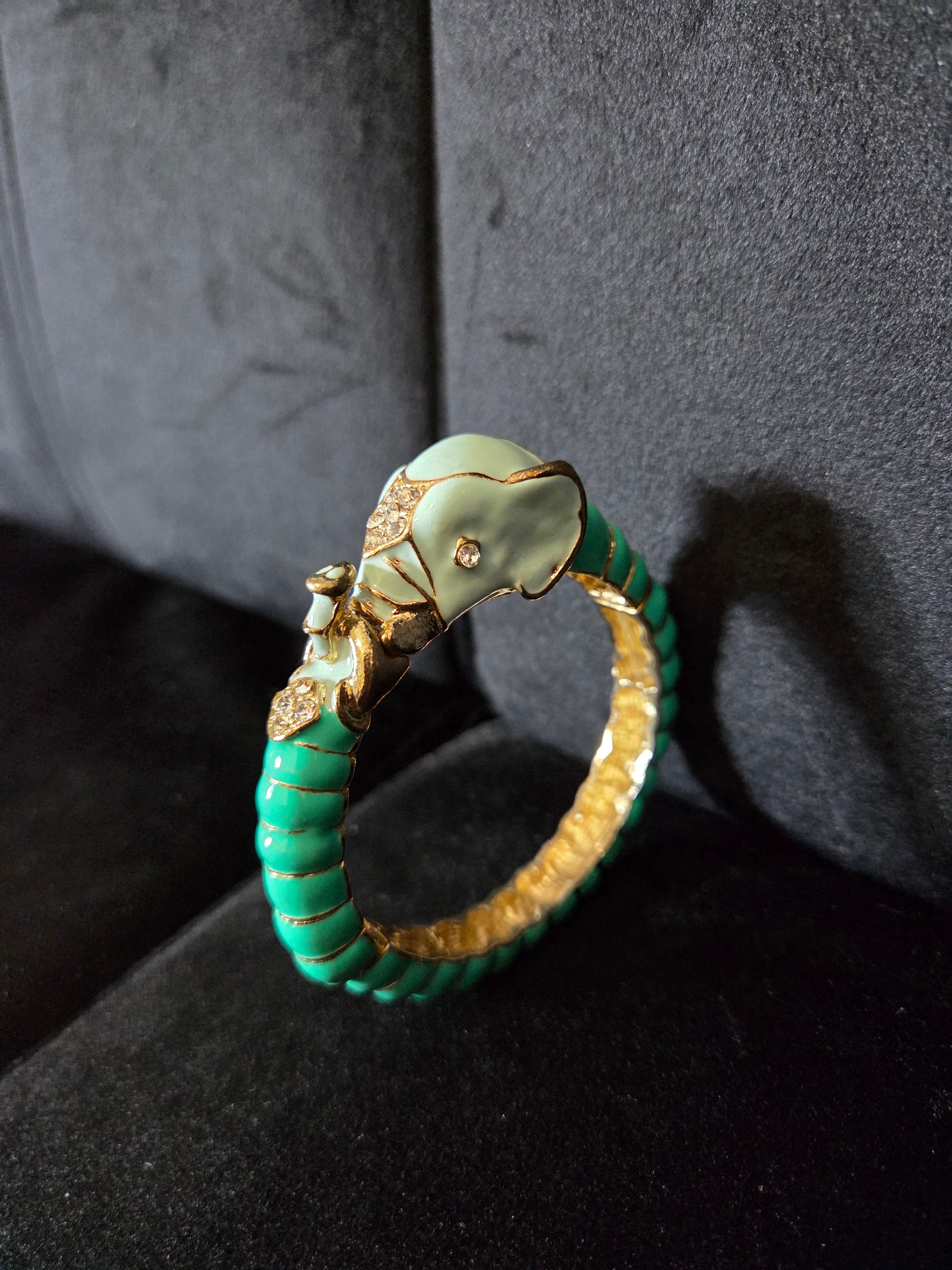 Vintage Elephant Green Enamel Diamante and Goldtone Bracelet Bangle.