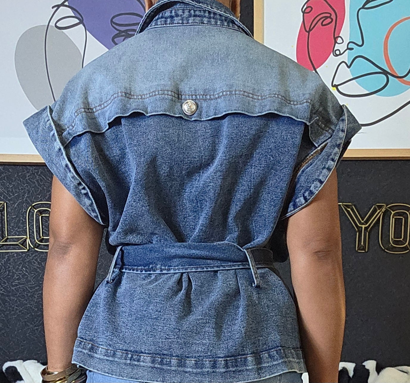 Belted Denim Vest Jacket Sz Large