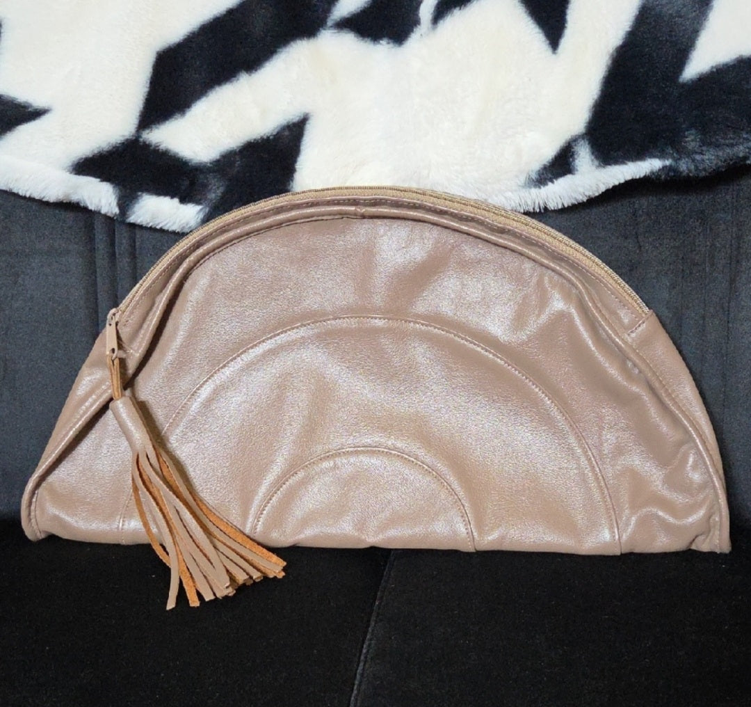 Large Leather Tan Clutch with Tassel