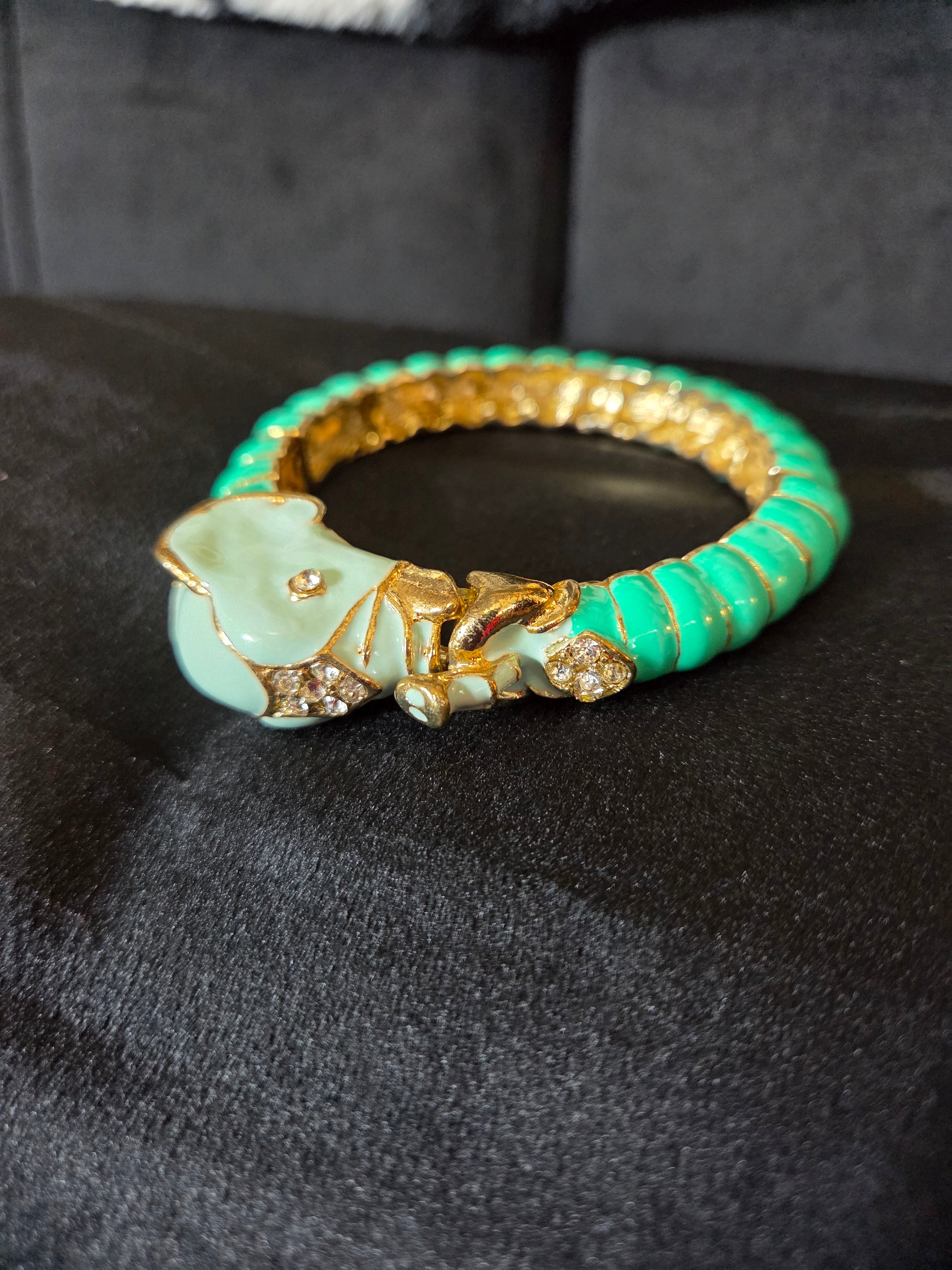 Vintage Elephant Green Enamel Diamante and Goldtone Bracelet Bangle.