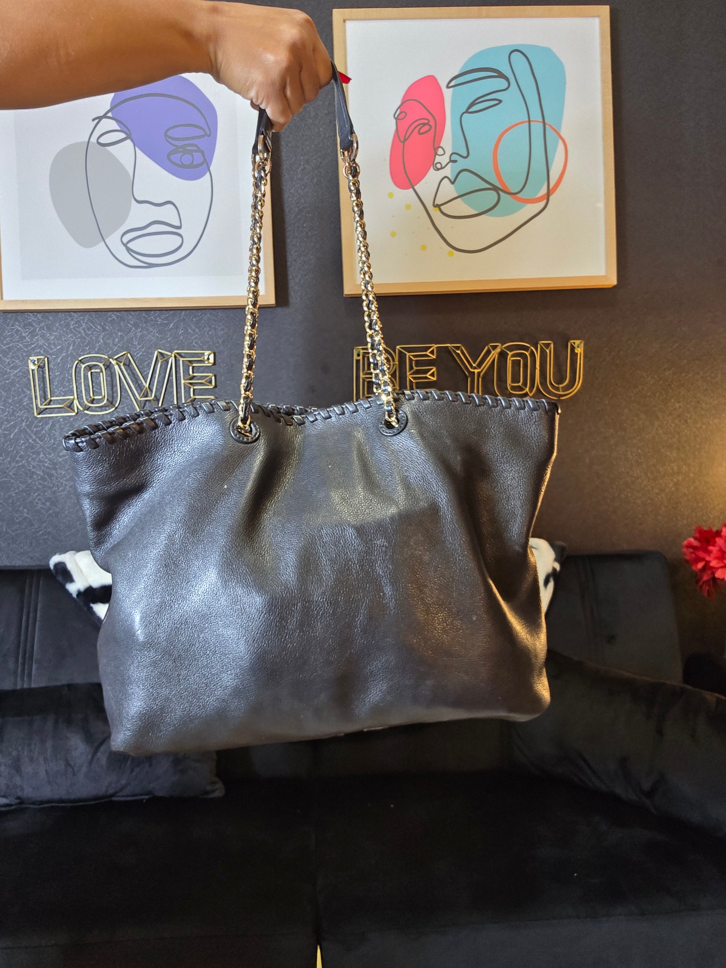 Tory Burch Black Leather Whipstich Marion Tote