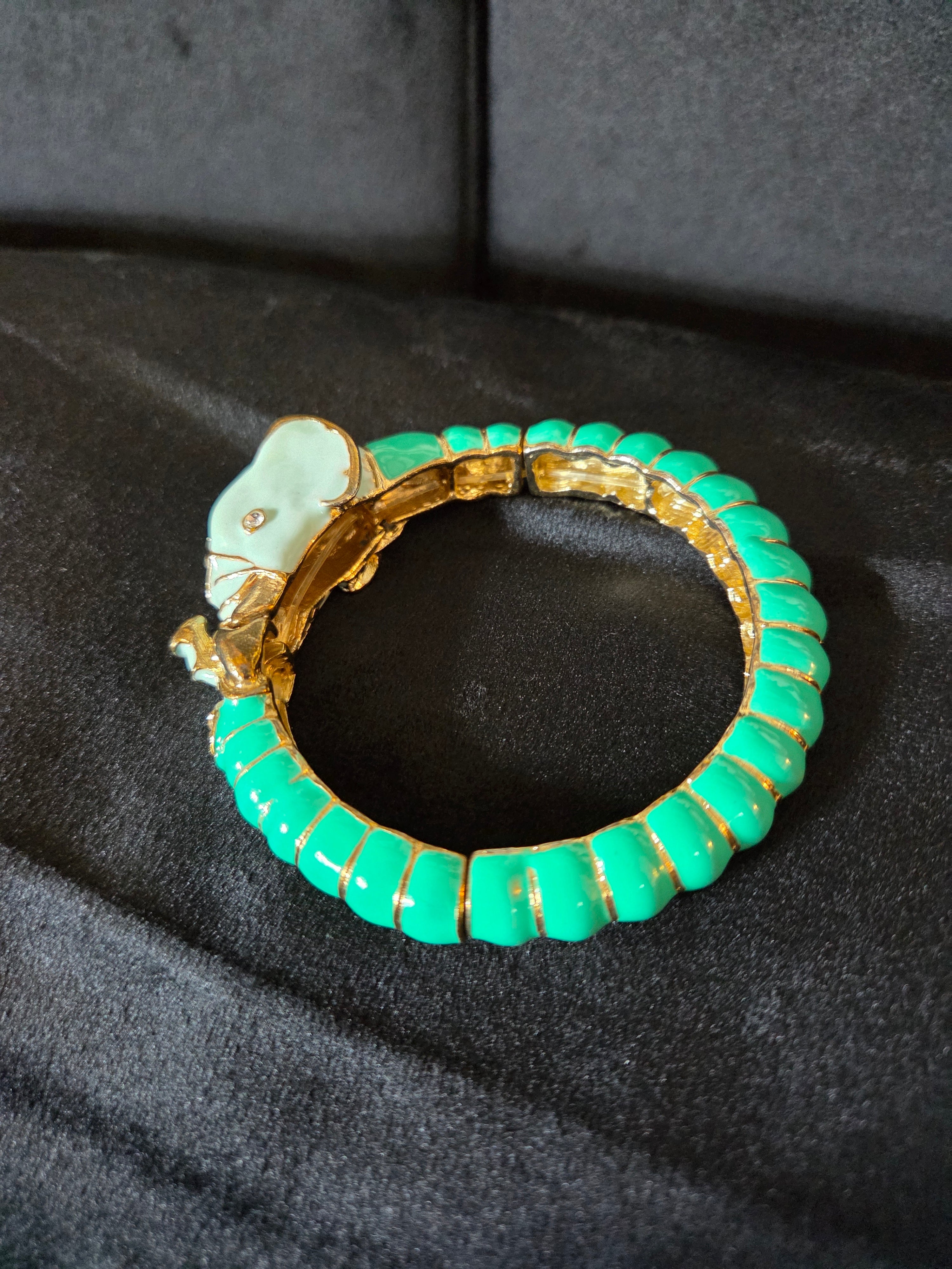 Vintage Elephant Green Enamel Diamante and Goldtone Bracelet Bangle.