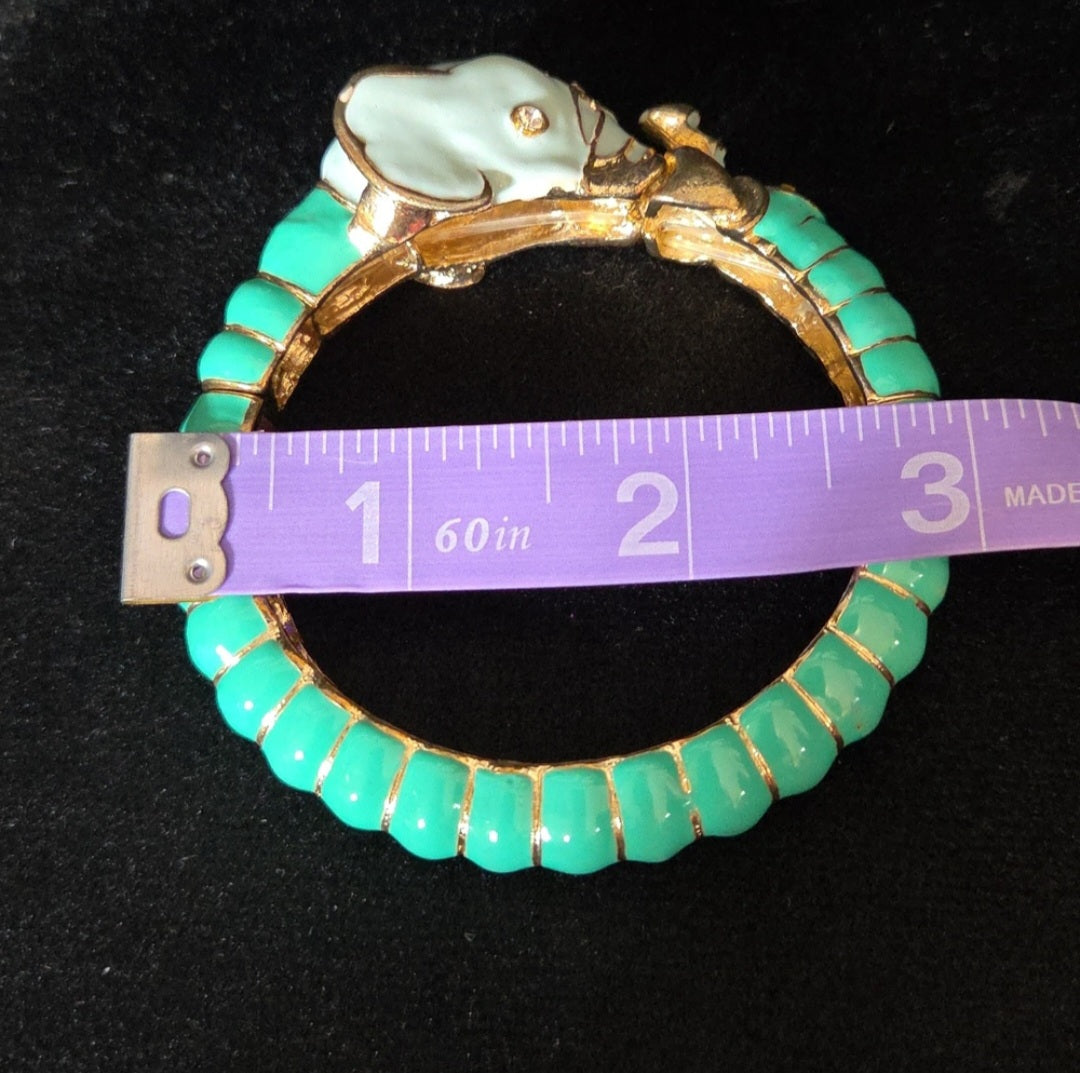 Vintage Elephant Green Enamel Diamante and Goldtone Bracelet Bangle.