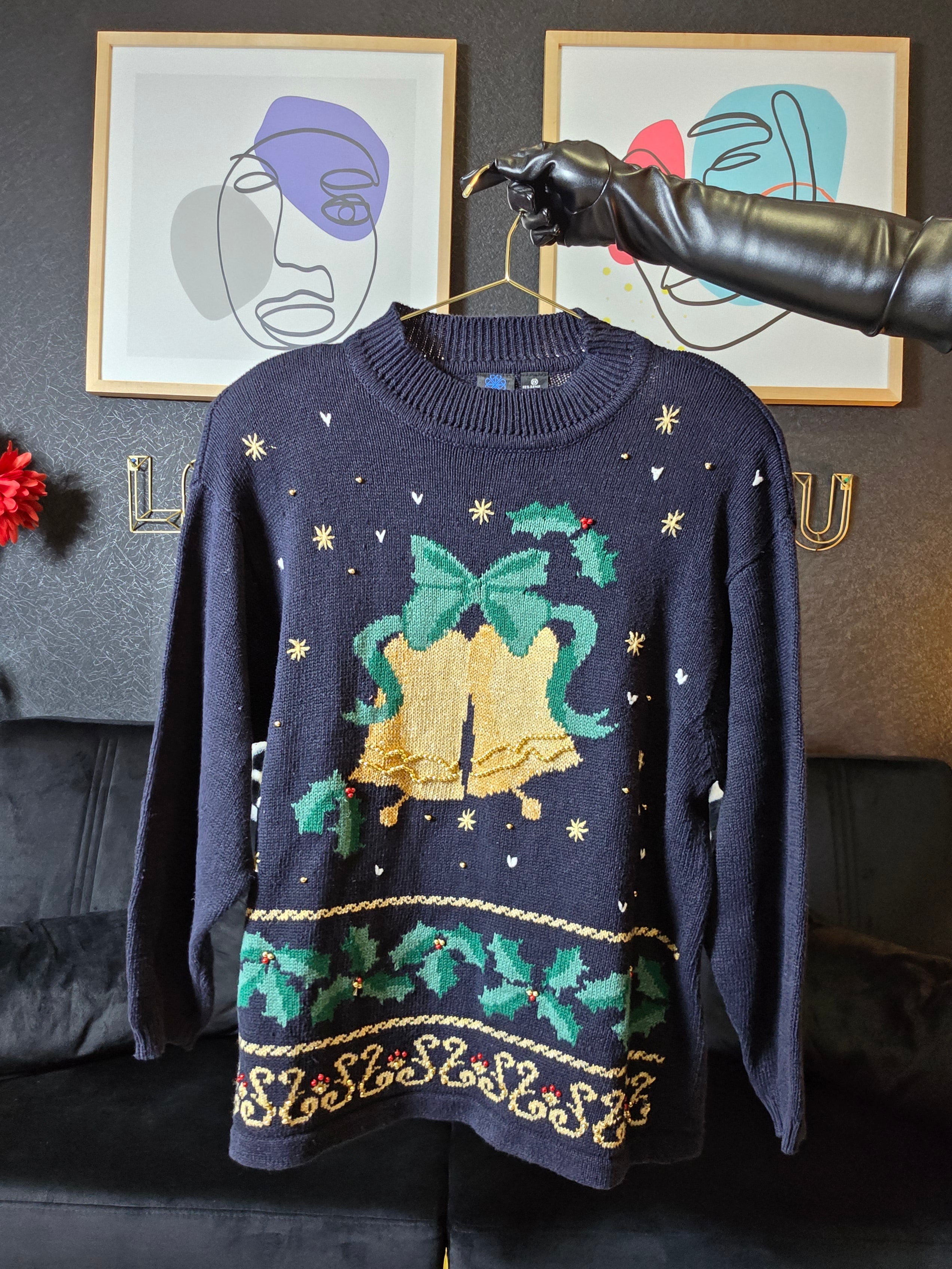 Ugly Christmas Sweater Festive Holiday Sweater with Bells and Holly Size 2X