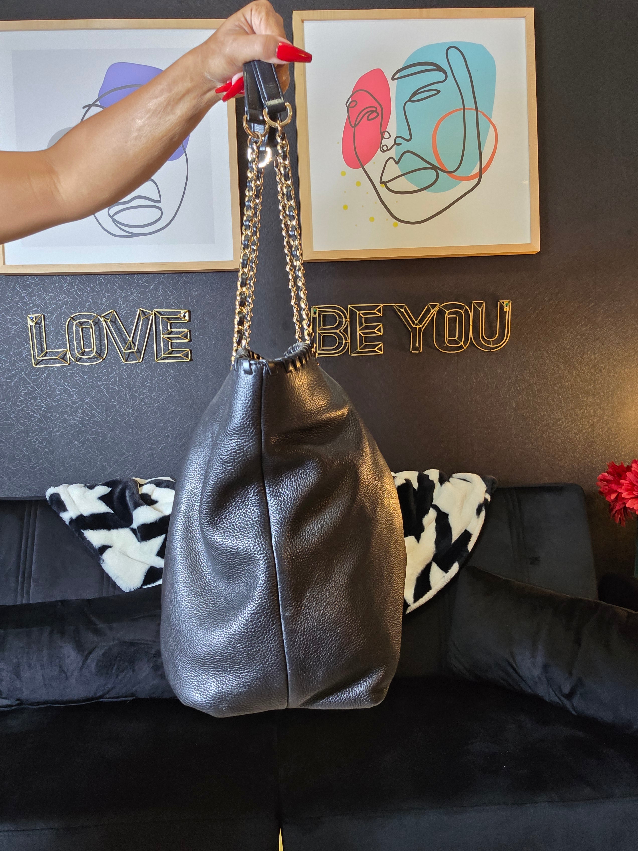 Tory Burch Black Leather Whipstich Marion Tote