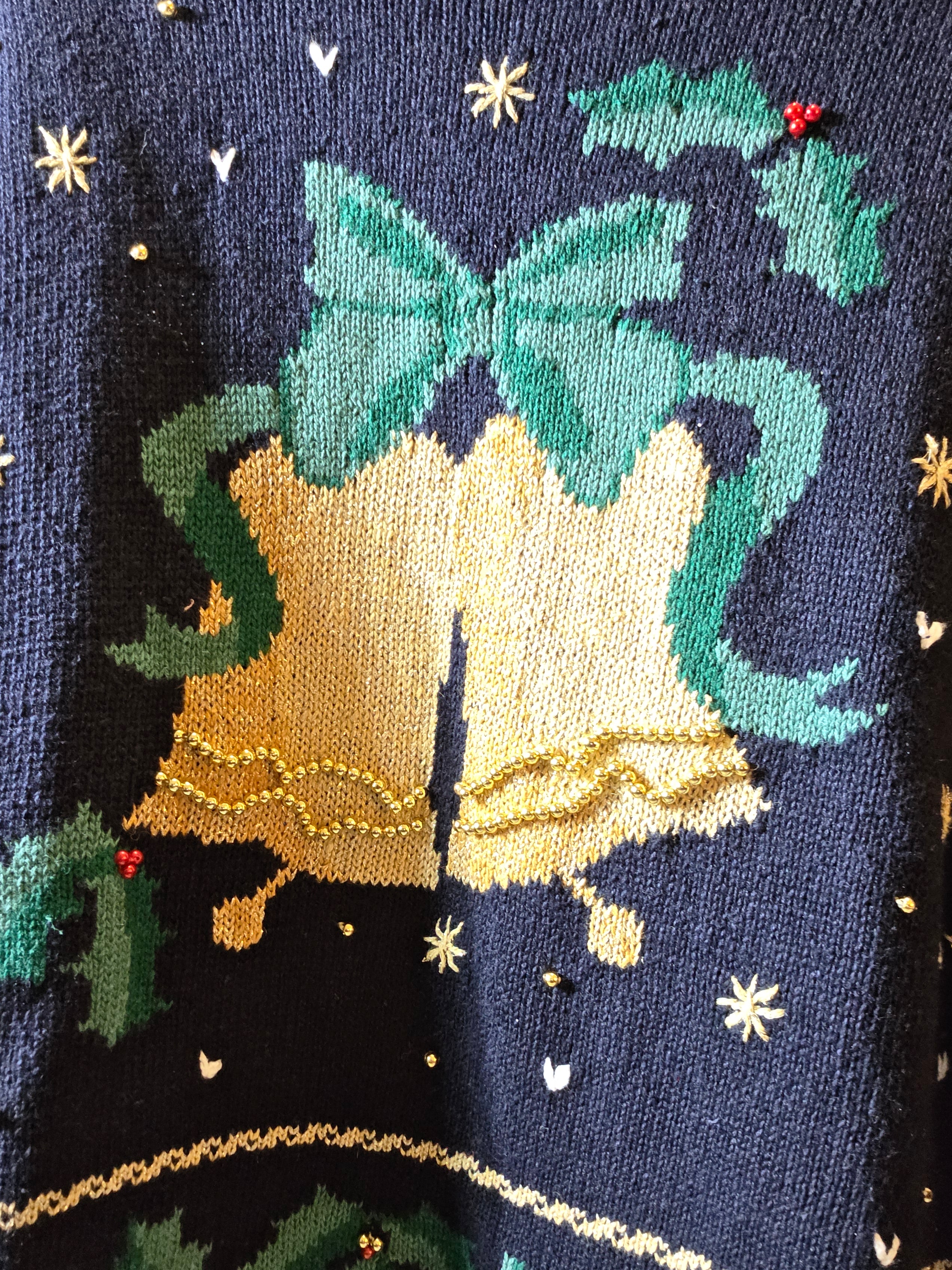 Ugly Christmas Sweater Festive Holiday Sweater with Bells and Holly Size 2X