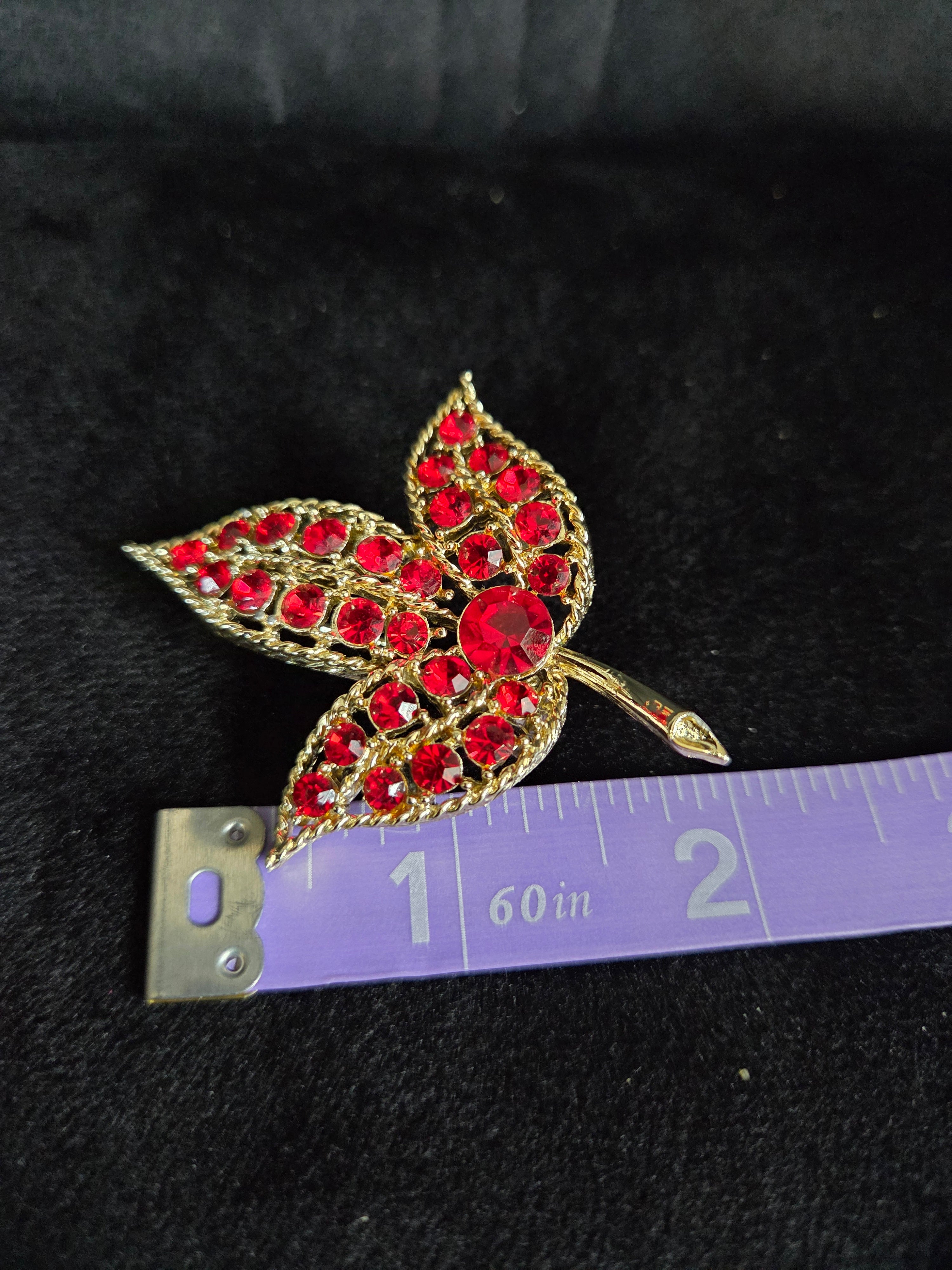 Red Rhinestone Floral Brooch/Pin