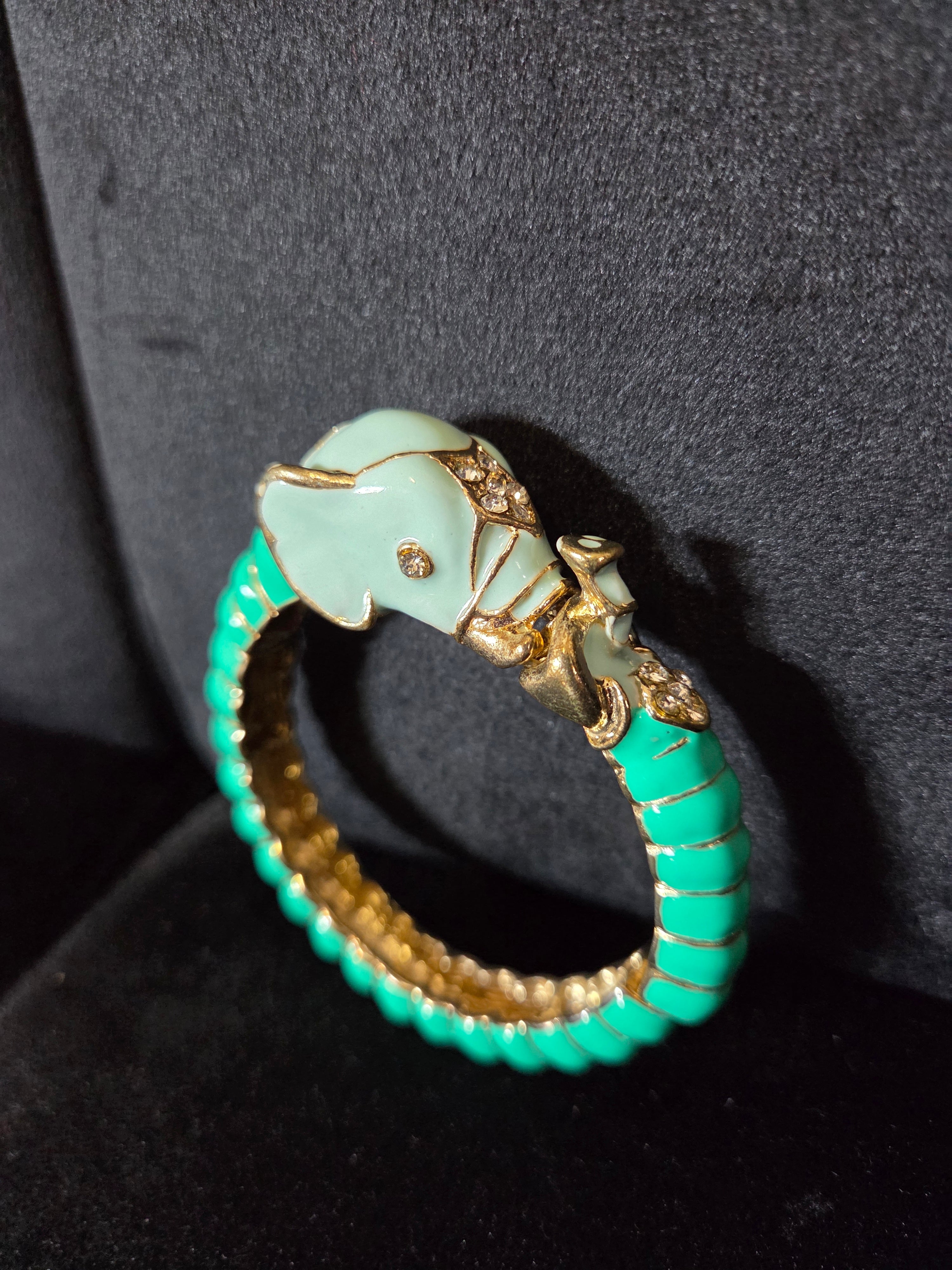 Vintage Elephant Green Enamel Diamante and Goldtone Bracelet Bangle.