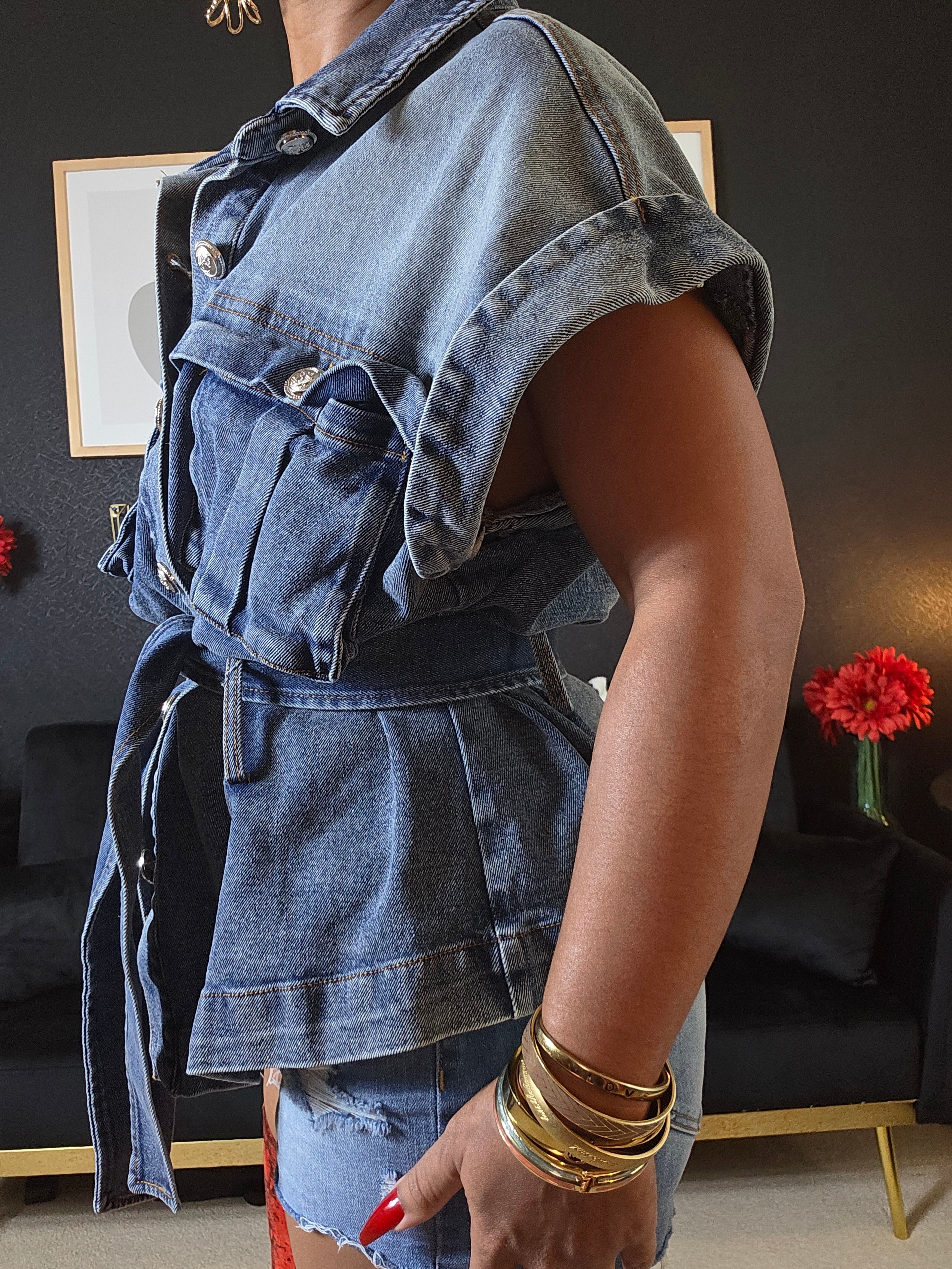 Belted Denim Vest Jacket Sz Large