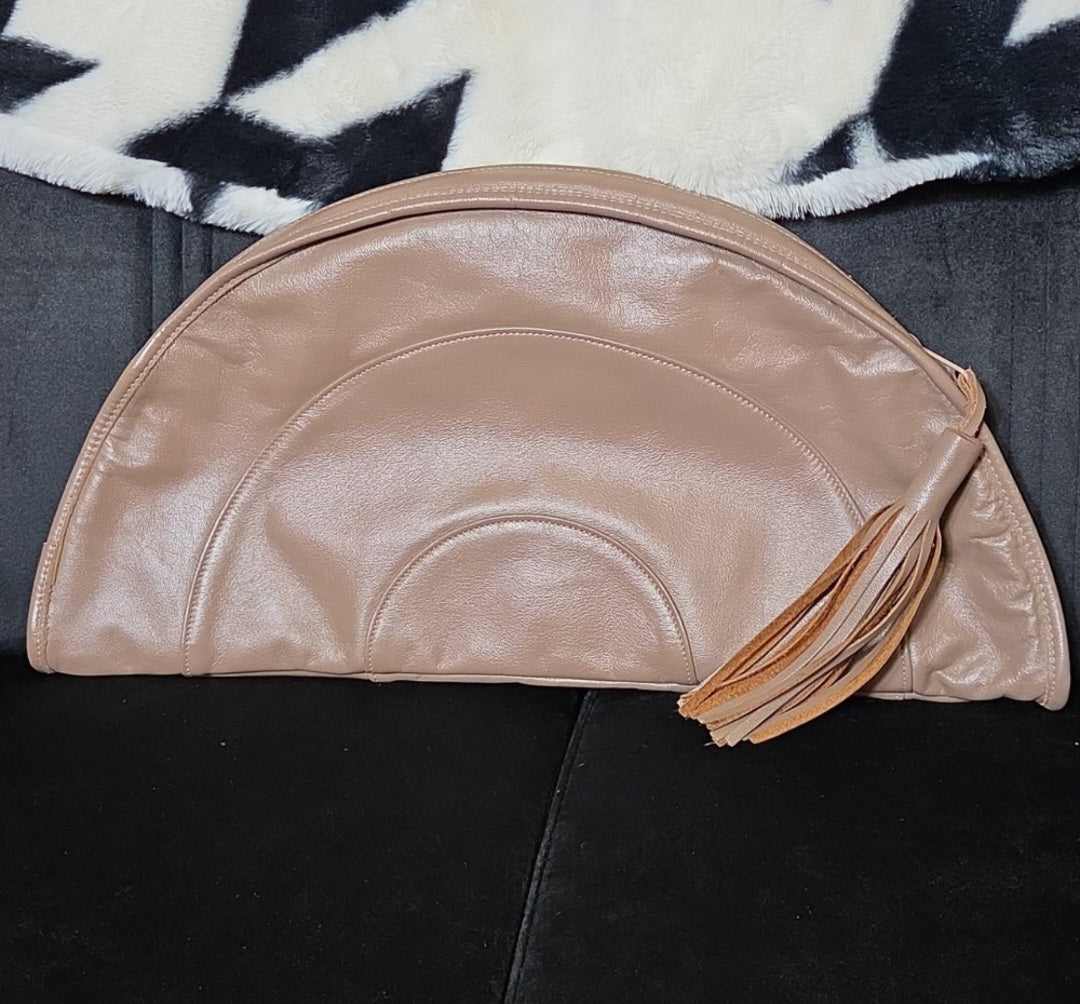 Large Leather Tan Clutch with Tassel