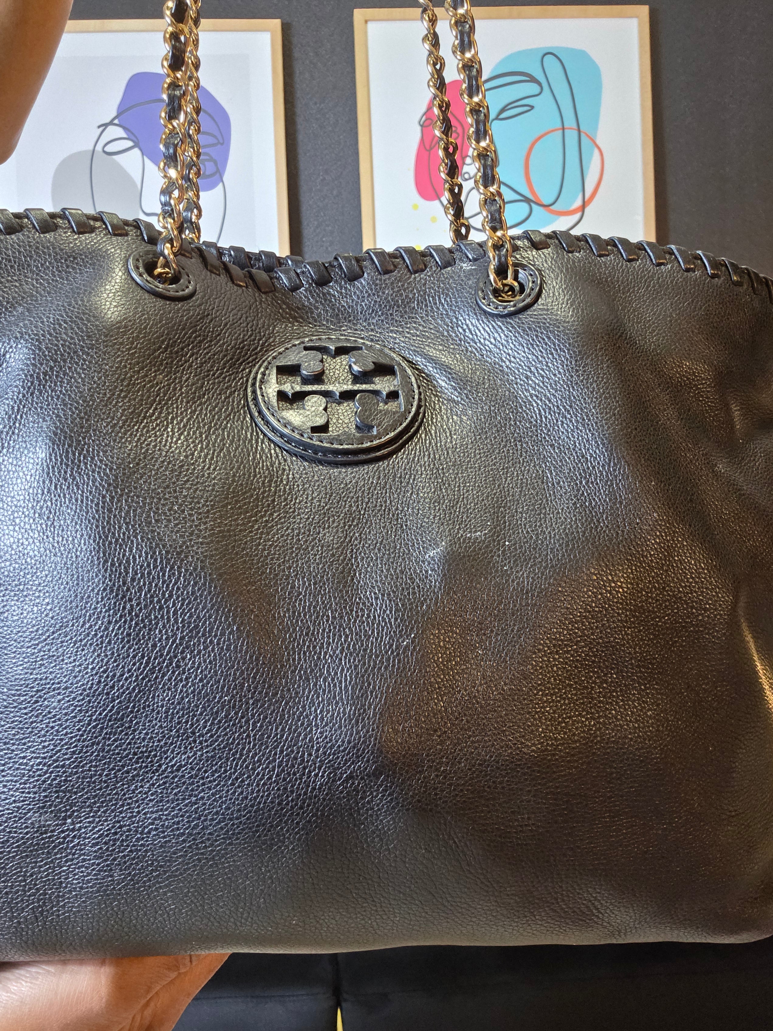 Tory Burch Black Leather Whipstich Marion Tote
