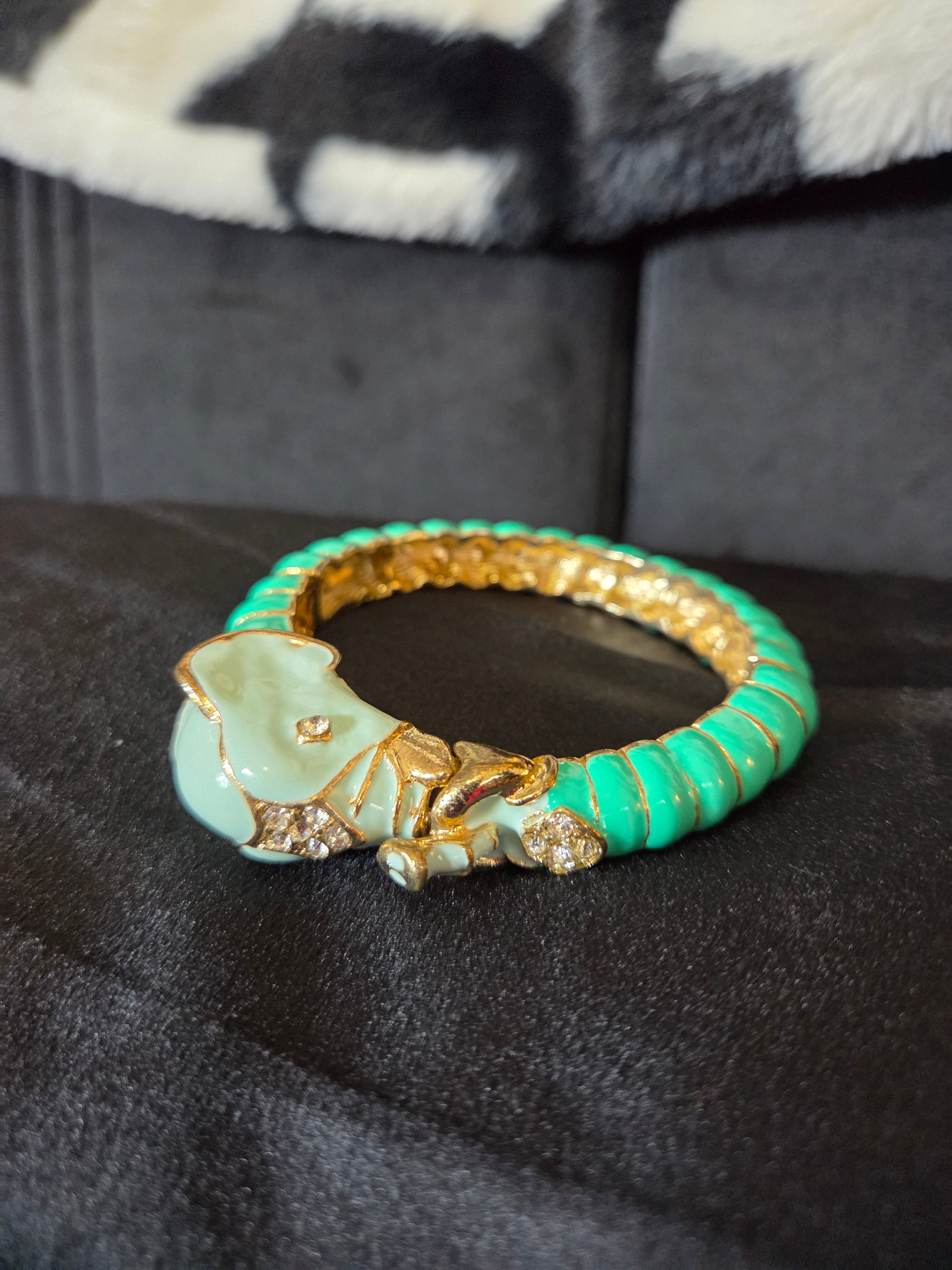 Vintage Elephant Green Enamel Diamante and Goldtone Bracelet Bangle.