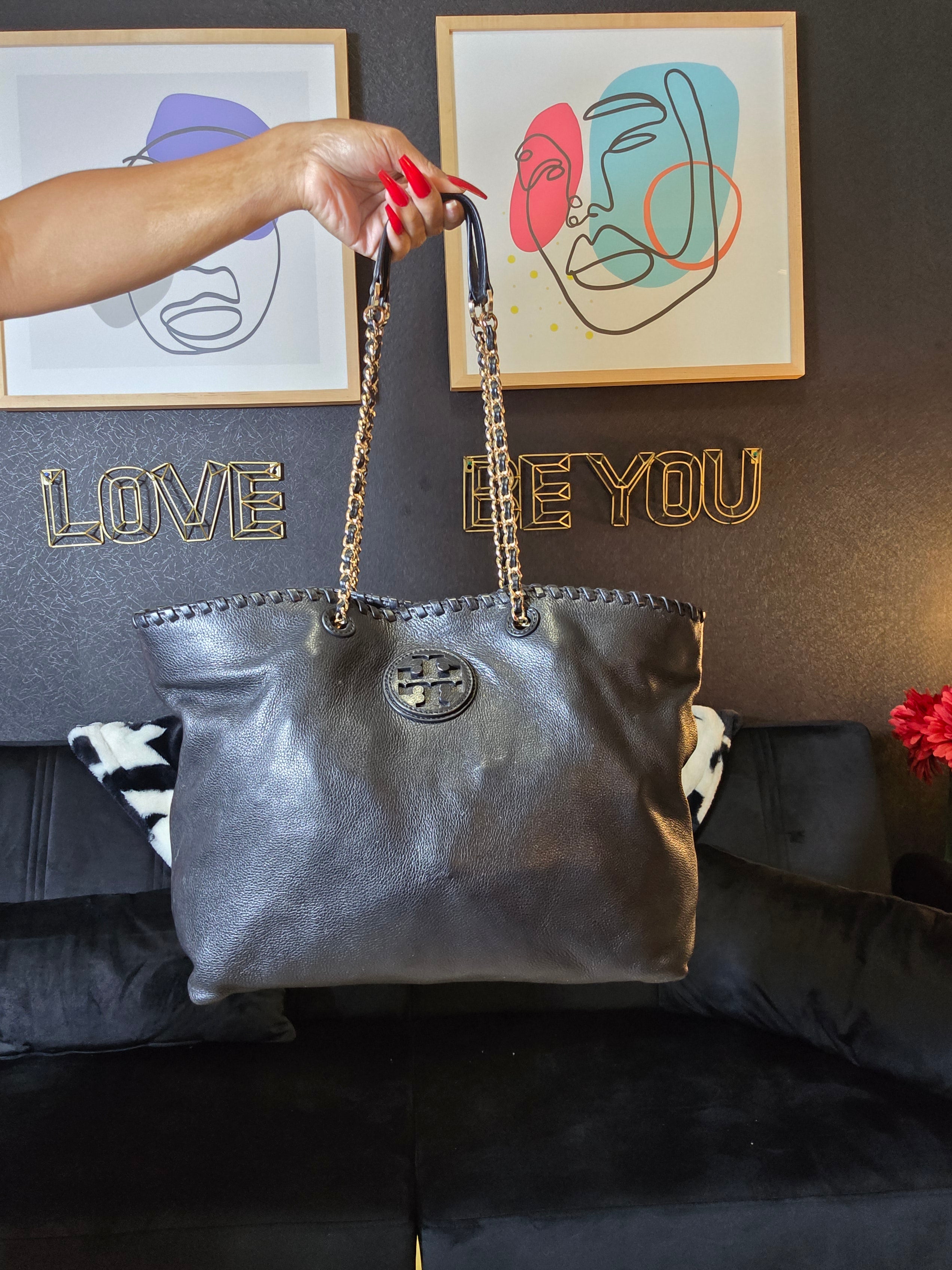 Tory Burch Black Leather Whipstich Marion Tote